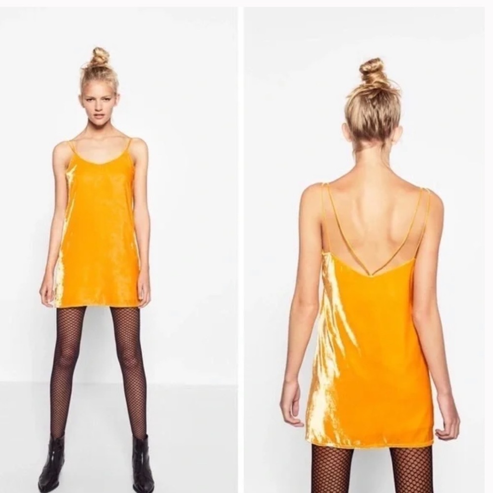 Zara Gold Velour Mini Shift Dress Large Double Cross Strap Velvet Day Yellow